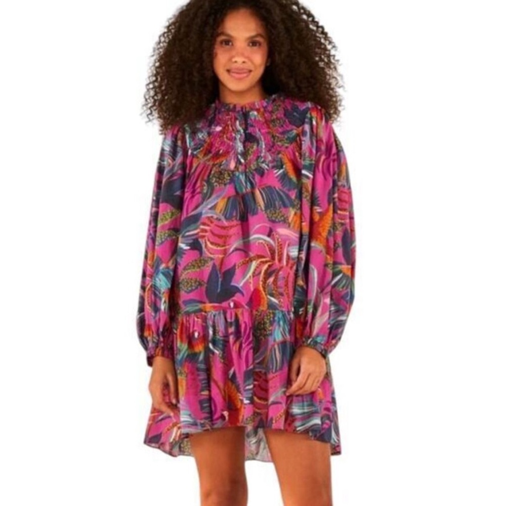 FARM Rio Rainbow Macaws‎ Mini Dress Balloon Sleeves Cotton Dress Size Medium